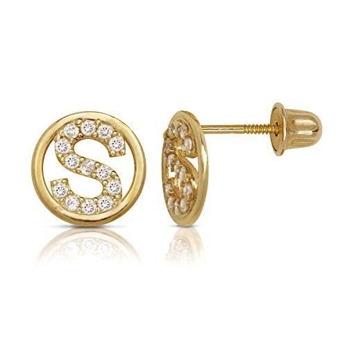 14K Gold Circle CZ Initial Sweirl Stud Earrings