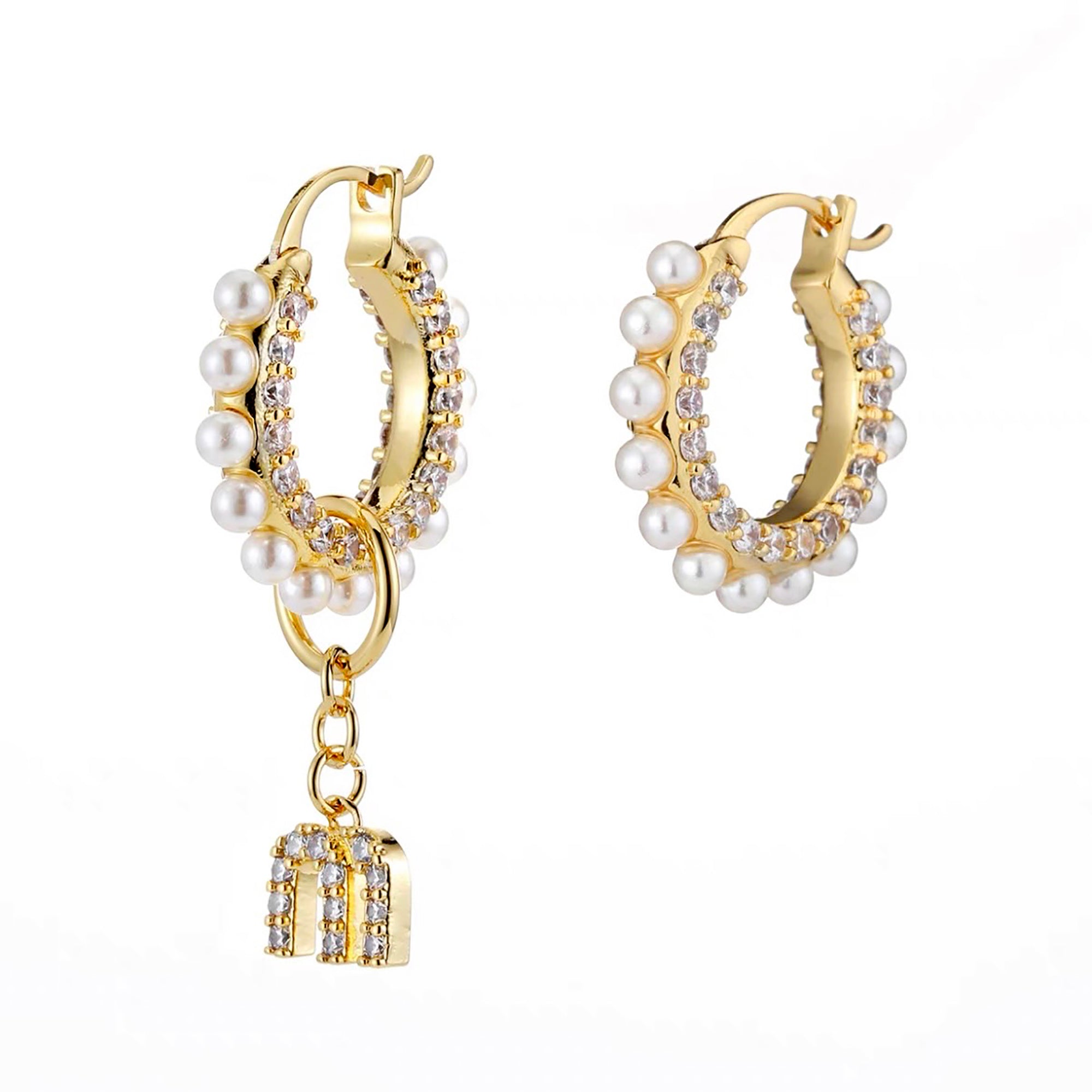 Handmade Gold Plated Pearl CZ Hoop w/ letter initial dangle Earrings Valentine Day Gift Mother's Day