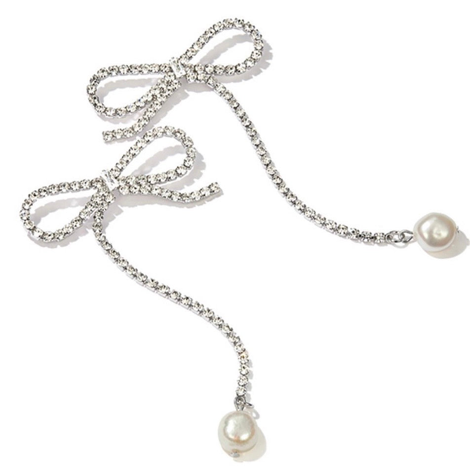 White Gold Plated w/ Rhinestone / Pearl Bow Earrings gift holiday