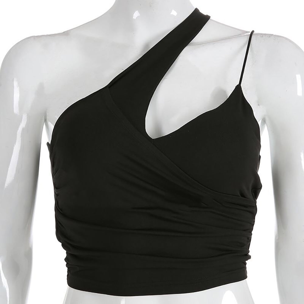 One Shoulder Irregular pleated strapless halter Tank Top