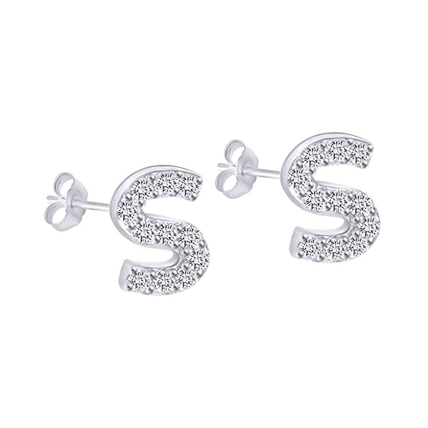 White Gold CZ Initial Stud Earrings