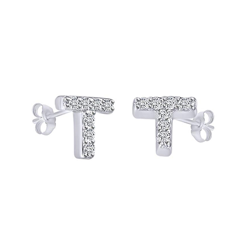 White Gold CZ Initial Stud Earrings