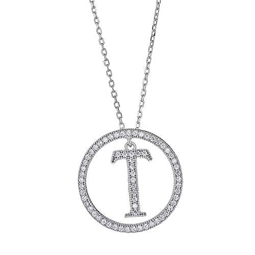 White Gold Plated Sterling Silver Circle CZ Initial Pendant Necklace