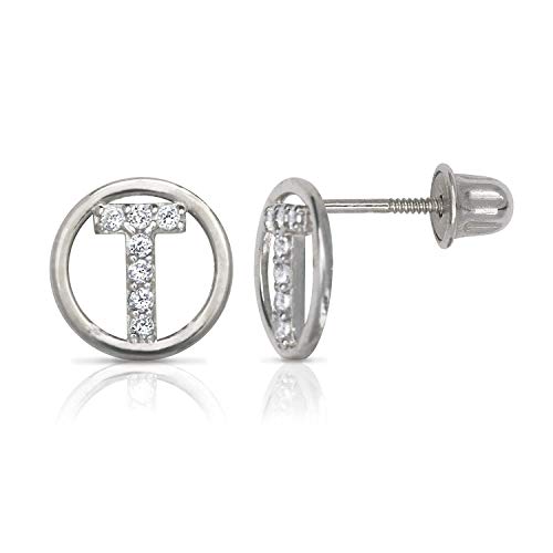 White Gold Circle CZ Initial Sweirl Stud Earrings