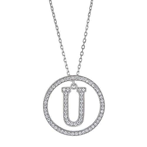 White Gold Plated Sterling Silver Circle CZ Initial Pendant Necklace