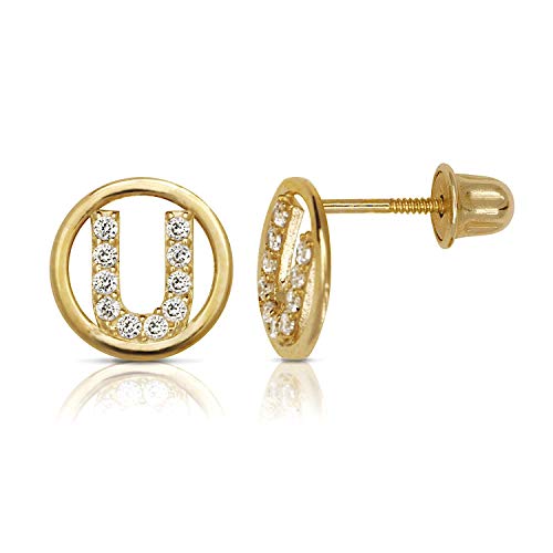 14K Gold Circle CZ Initial Sweirl Stud Earrings