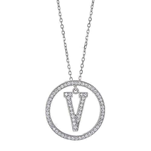 White Gold Plated Sterling Silver Circle CZ Initial Pendant Necklace