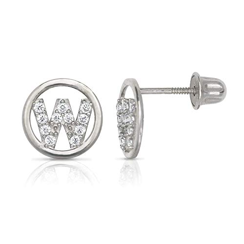 White Gold Circle CZ Initial Sweirl Stud Earrings