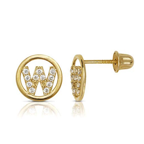 14K Gold Circle CZ Initial Sweirl Stud Earrings