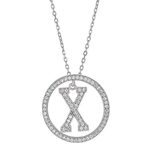 White Gold Plated Sterling Silver Circle CZ Initial Pendant Necklace