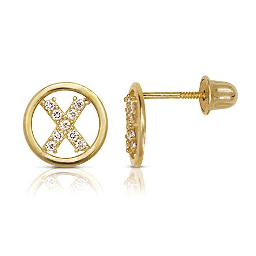 14K Gold Circle CZ Initial Sweirl Stud Earrings