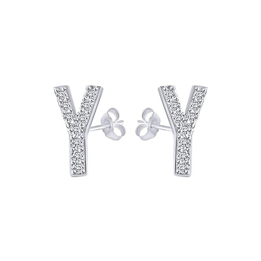 White Gold CZ Initial Stud Earrings