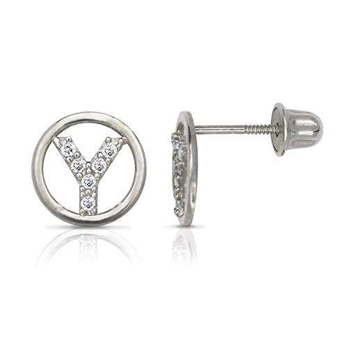 White Gold Circle CZ Initial Sweirl Stud Earrings