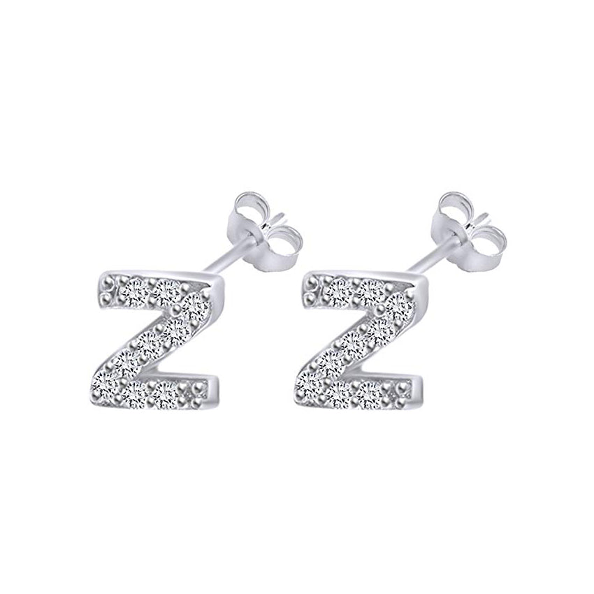 White Gold CZ Initial Stud Earrings