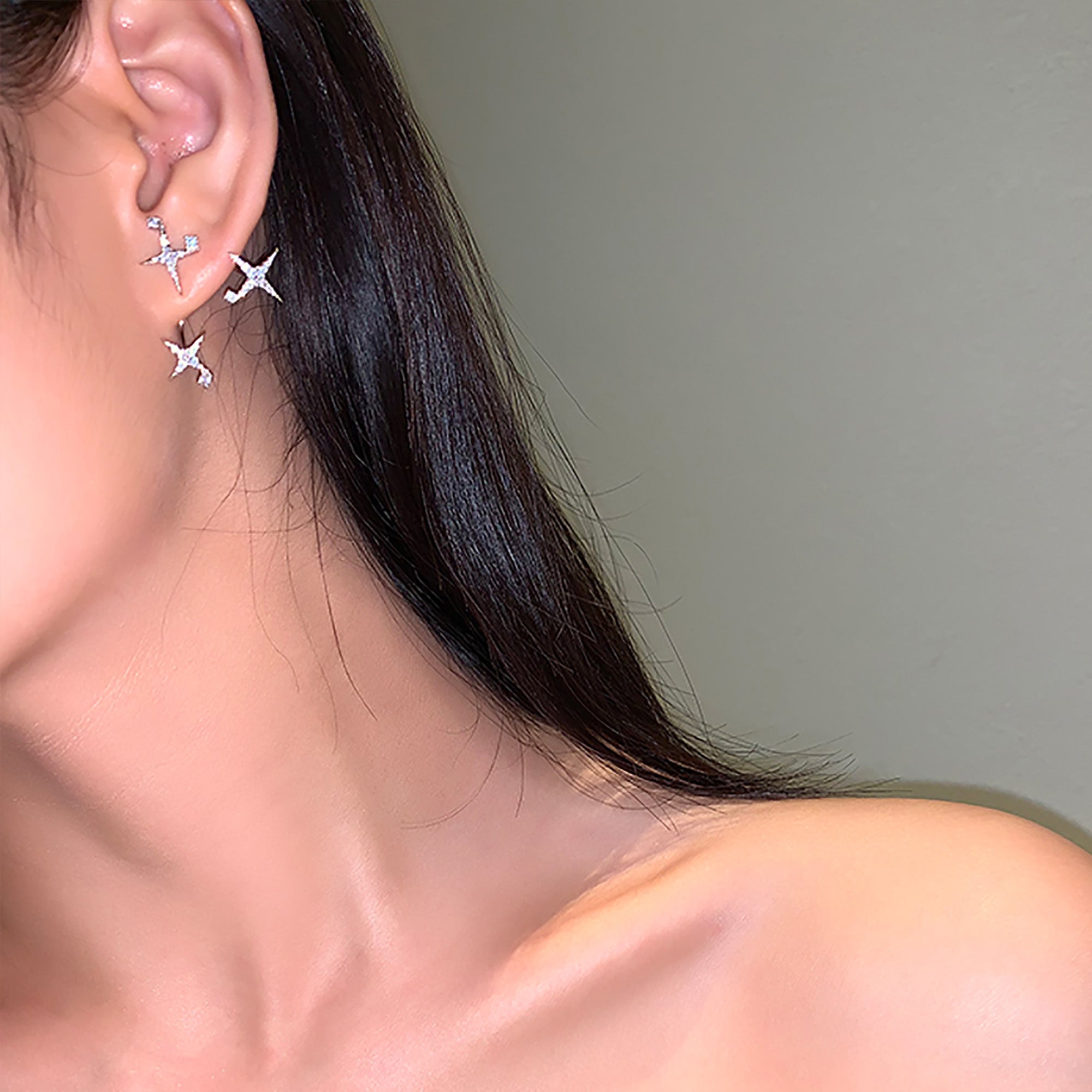 White Gold Plated w/ CZ Stars Double Side Earrings