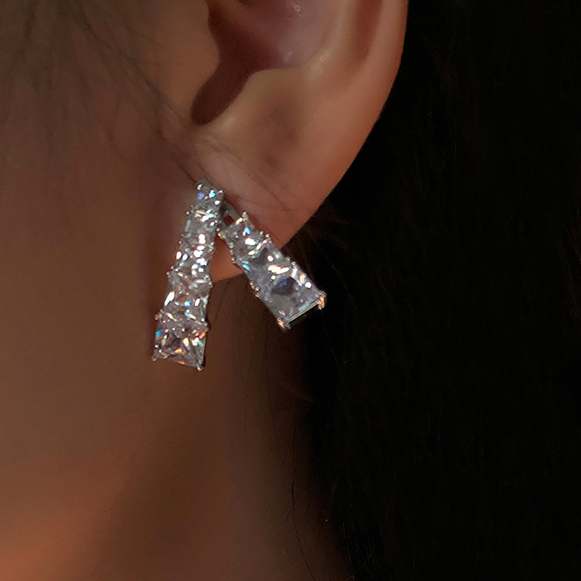 White Gold Plated w/ CZ Double Side Earrings