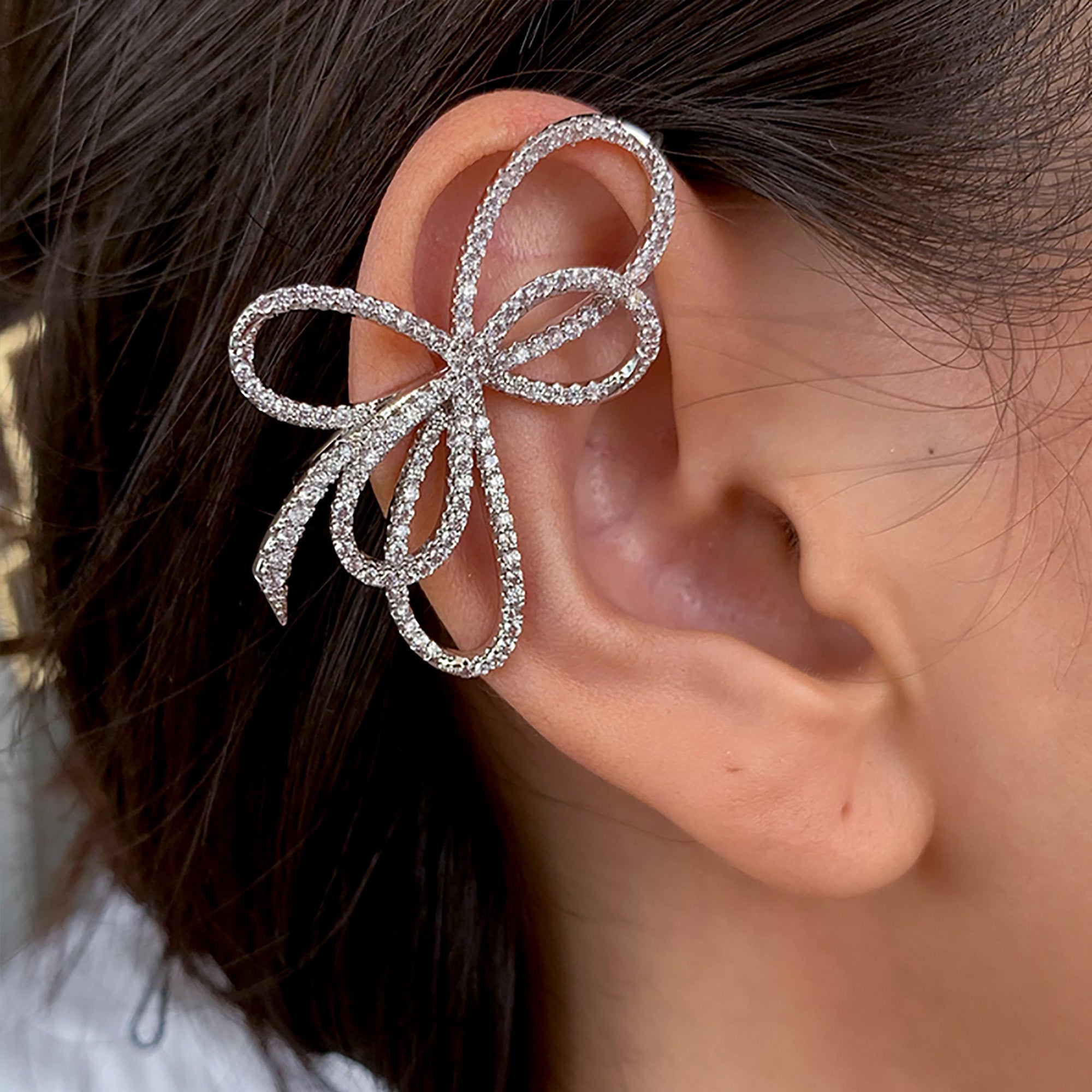 White Gold Plated CZ Asymmetry Ear Cuff / Earrings