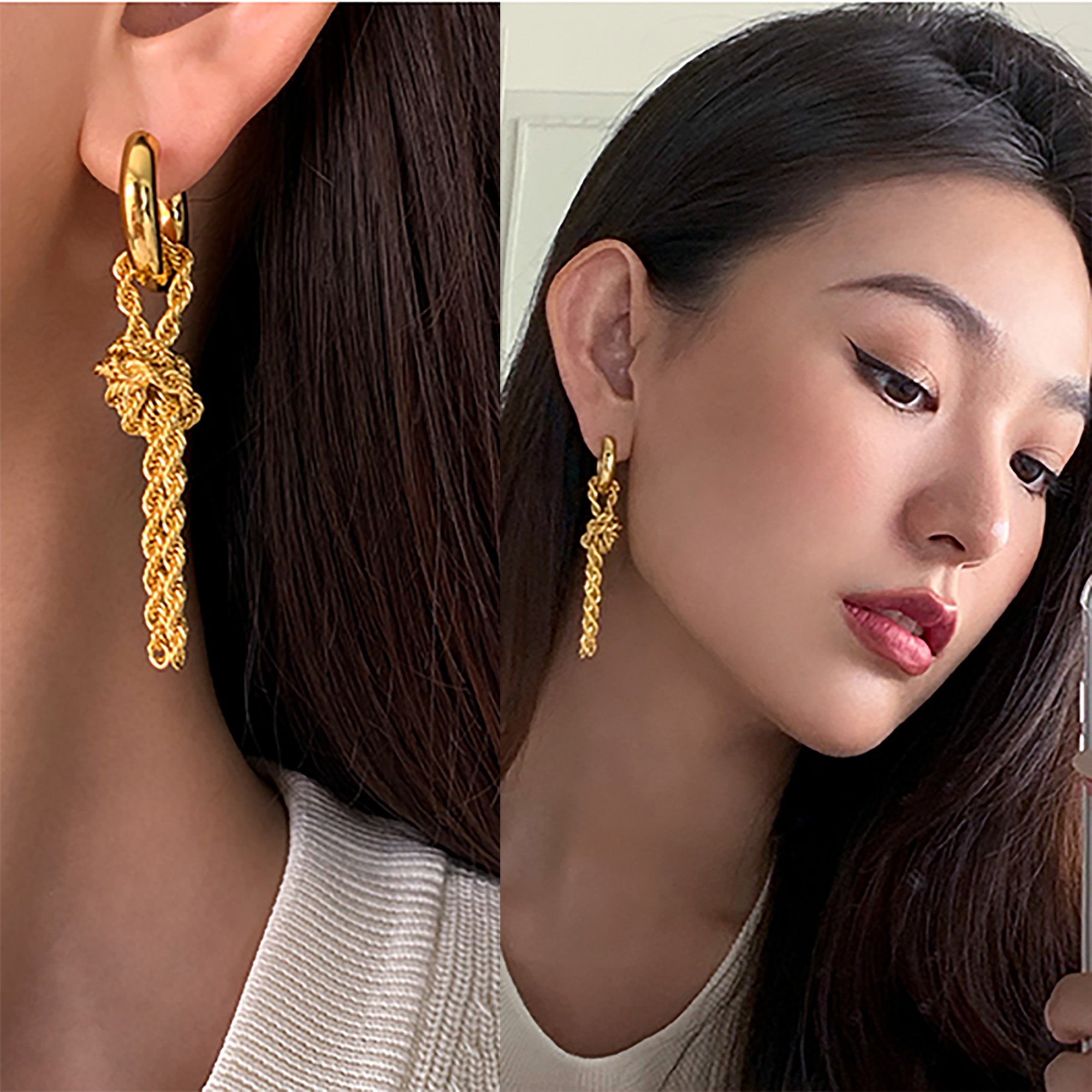 18K Gold Plated Hoop Tassels Asymmetry Earrings