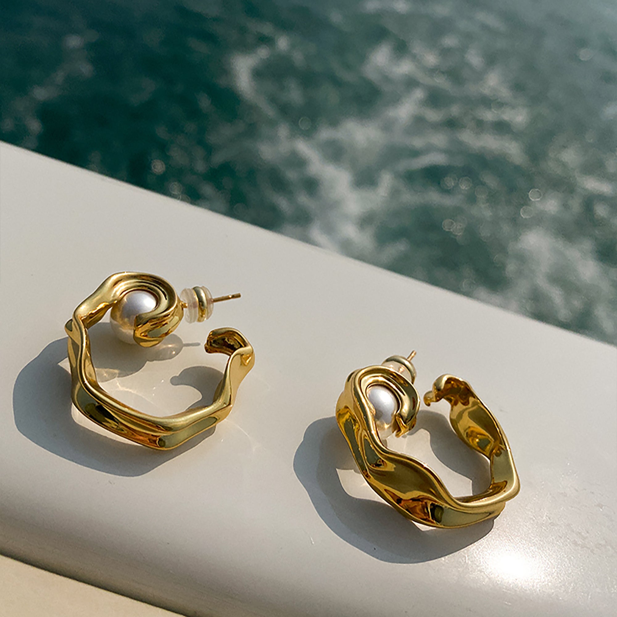 18K Gold Plated w/ Pearl Hoop Earrings