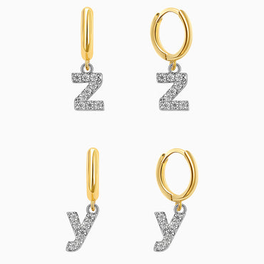 18K Gold Plated CZ initial Letter Hoop Earrings  Dangle