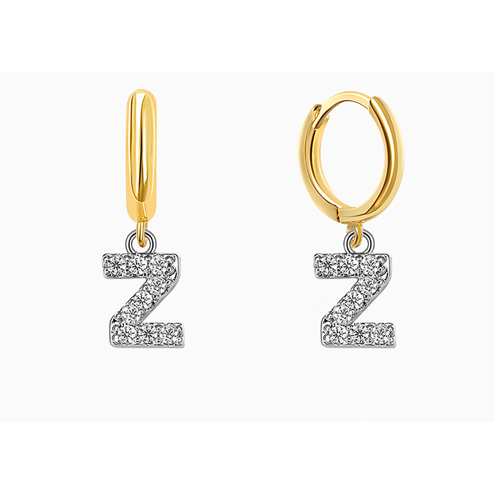 18K Gold Plated CZ initial Letter Hoop Earrings  Dangle