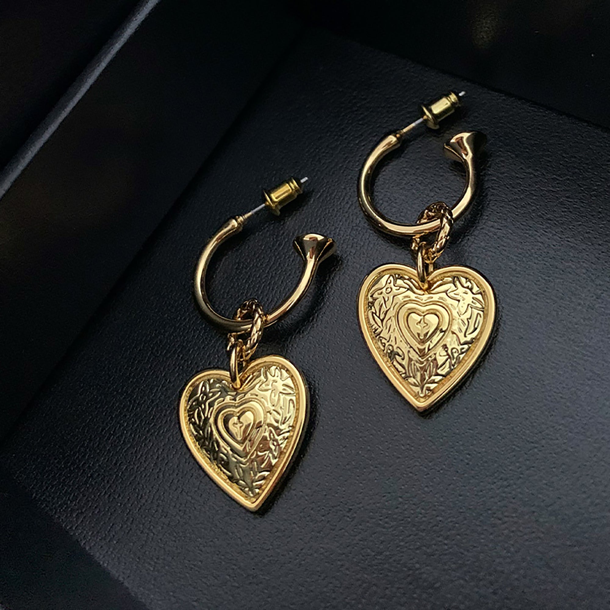 18K Gold Plated Vintage Heart Dangle Hoop Earrings