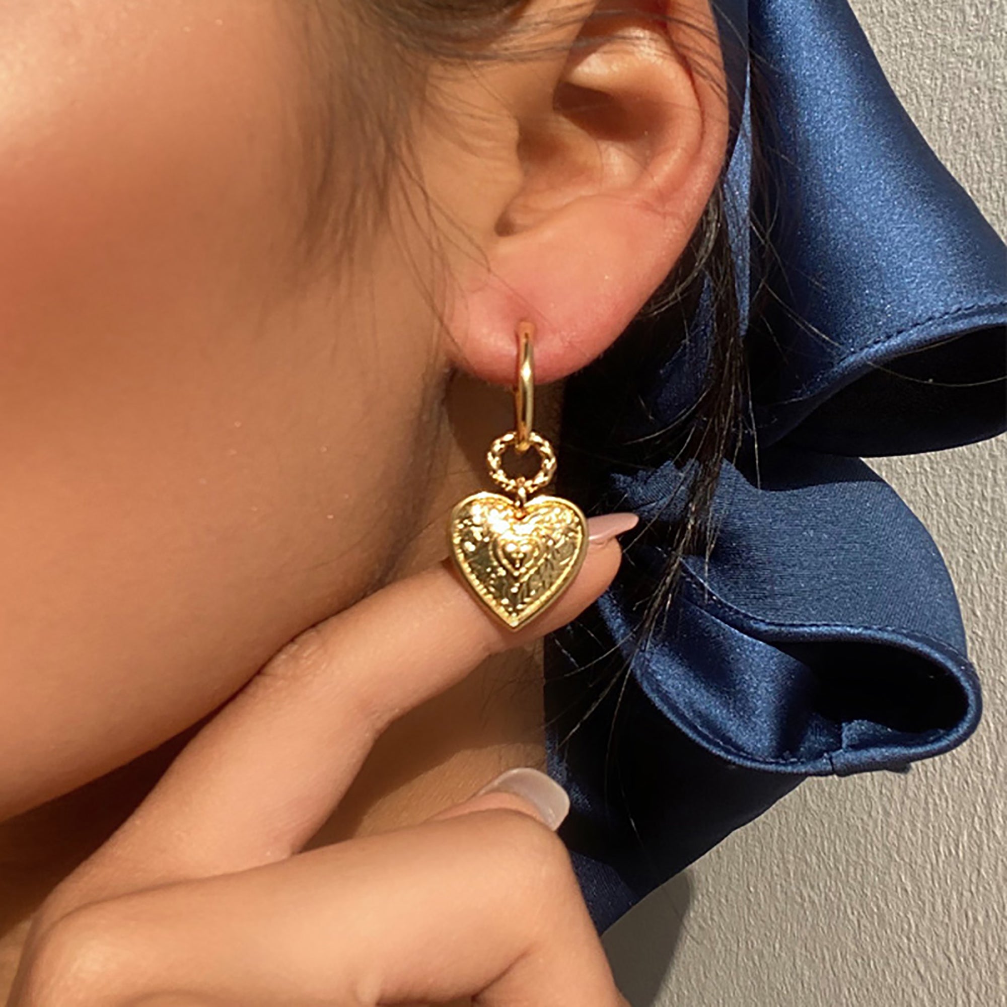 18K Gold Plated Vintage Heart Dangle Hoop Earrings