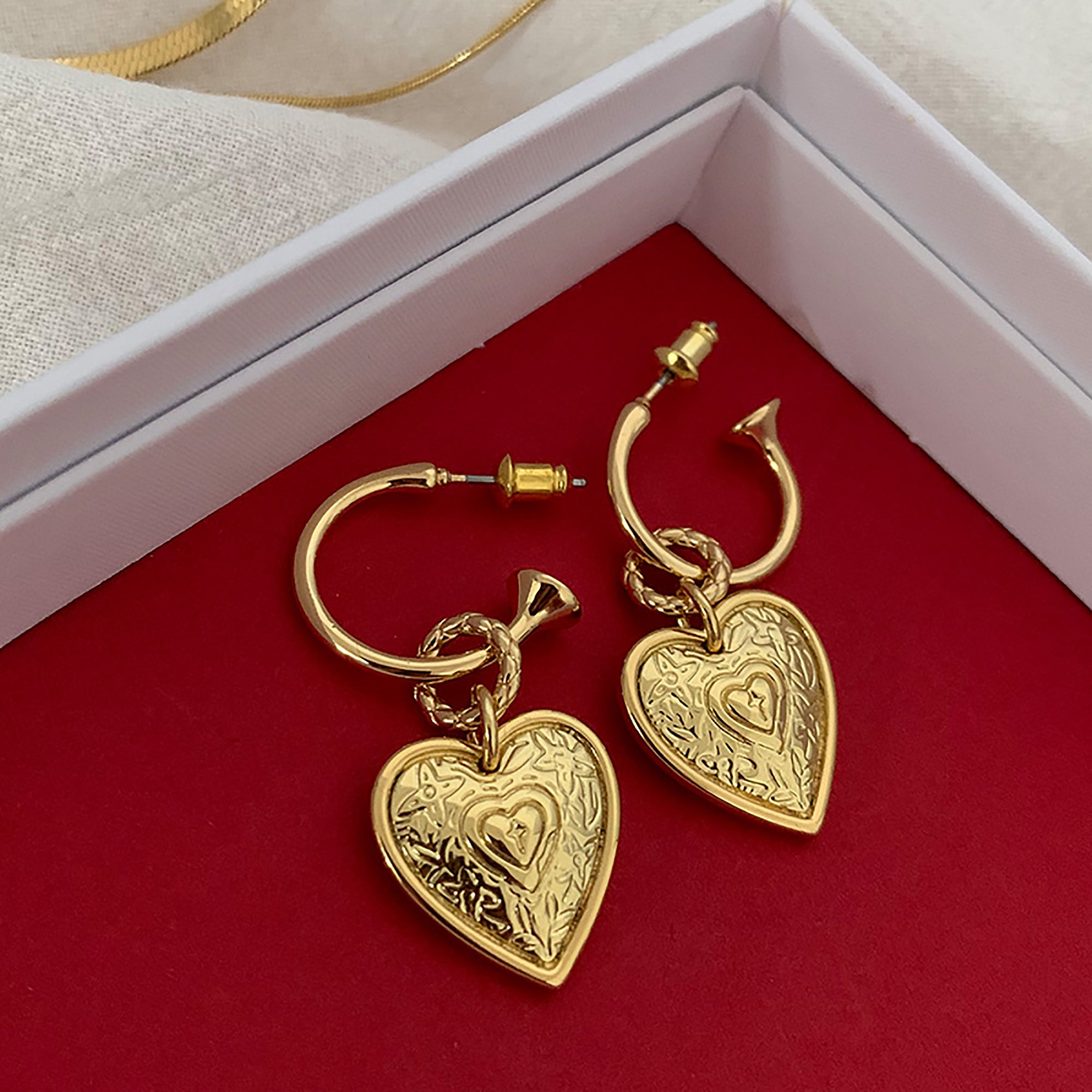 18K Gold Plated Vintage Heart Dangle Hoop Earrings