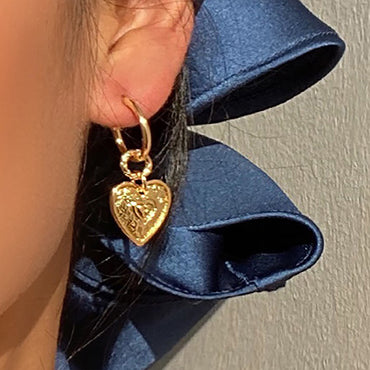 18K Gold Plated Vintage Heart Dangle Hoop Earrings