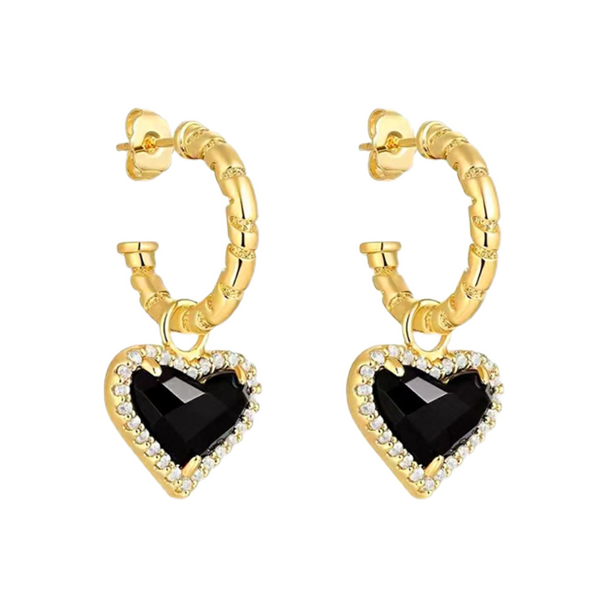 18K Gold Plated Vintage CZHeart Dangle Hoop Earrings