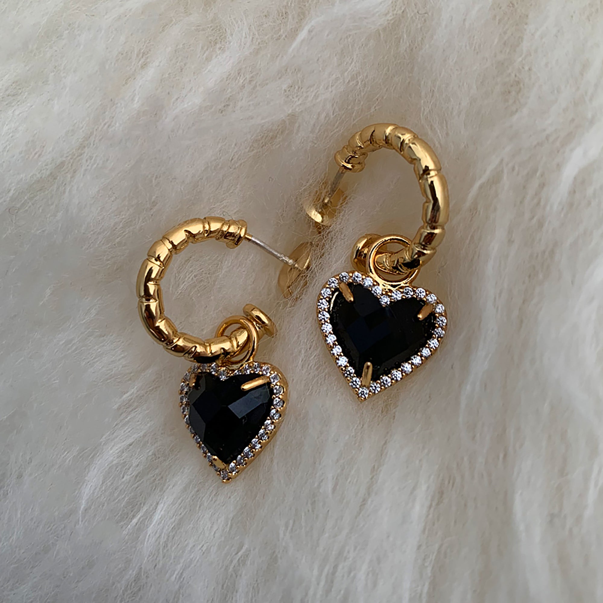 18K Gold Plated Vintage CZHeart Dangle Hoop Earrings