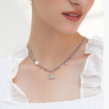 White Gold Plated Pearl CZ Bear Pendant Necklace