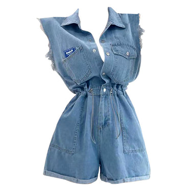 Everyday Blue Denim Ruffle Short Sleeves Romper / Jumpsuit