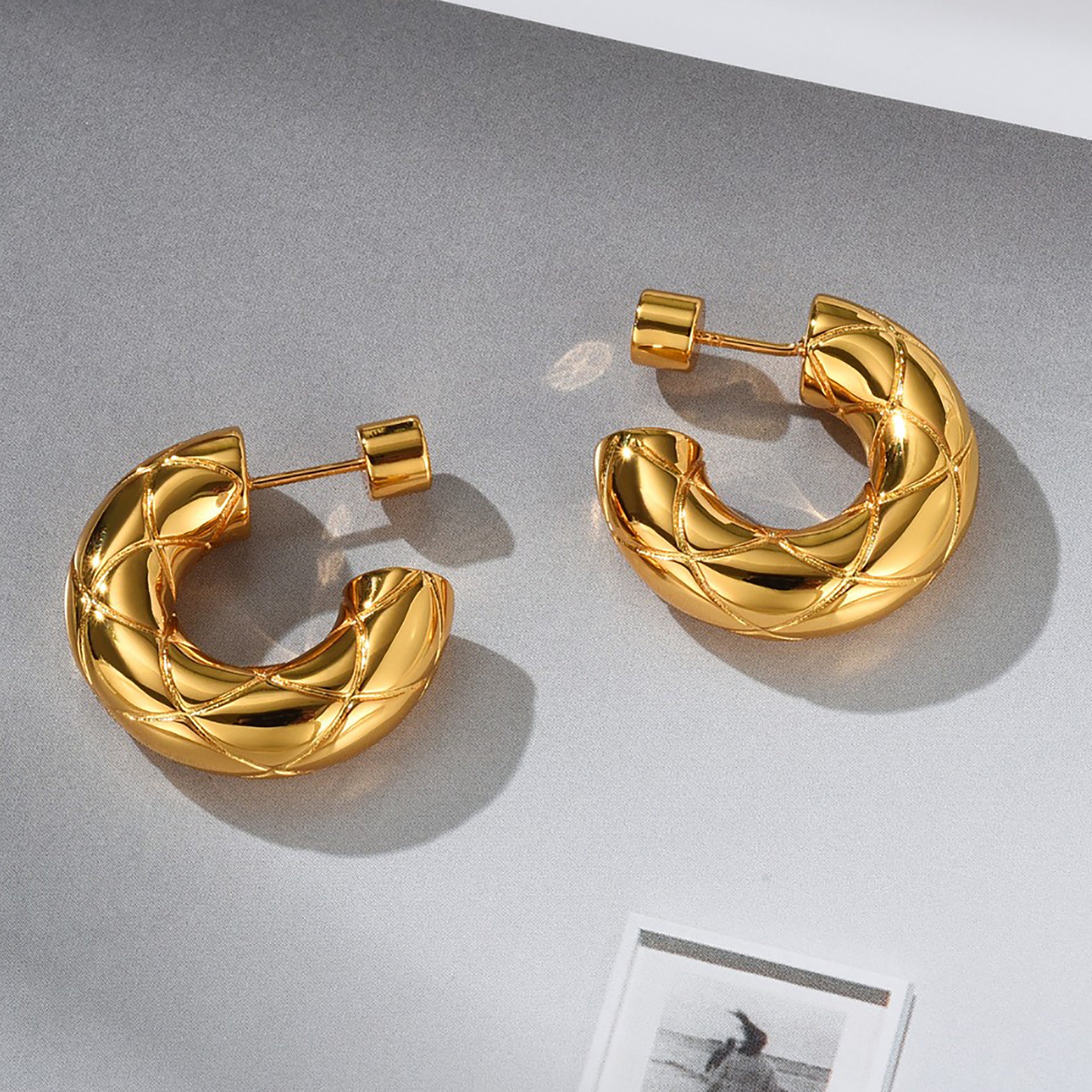 Gold Plated Diamond Check Hoop Earrings Valentine Day Gif