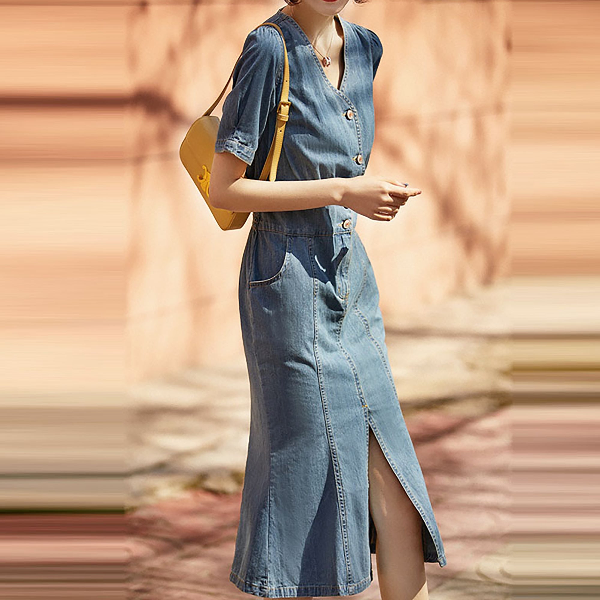 Denim Short Sleeves Fishtail Dress