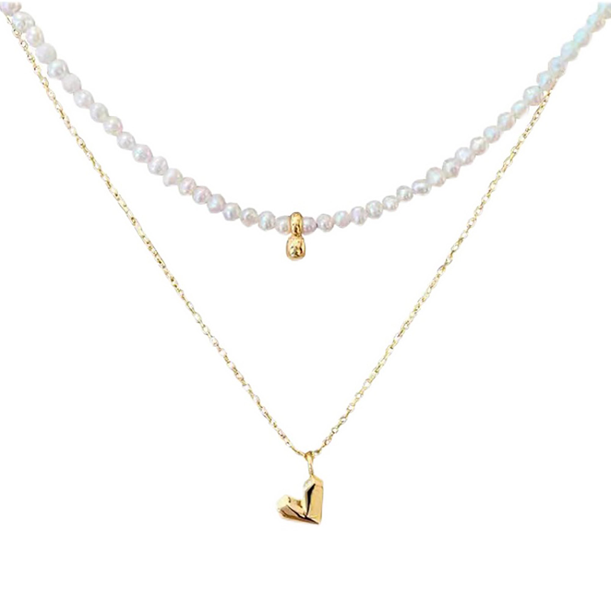 18K Gold Plated w/ Pearl Heart Pendant Layered Necklace Valentine Day Gift birthday party anniversary