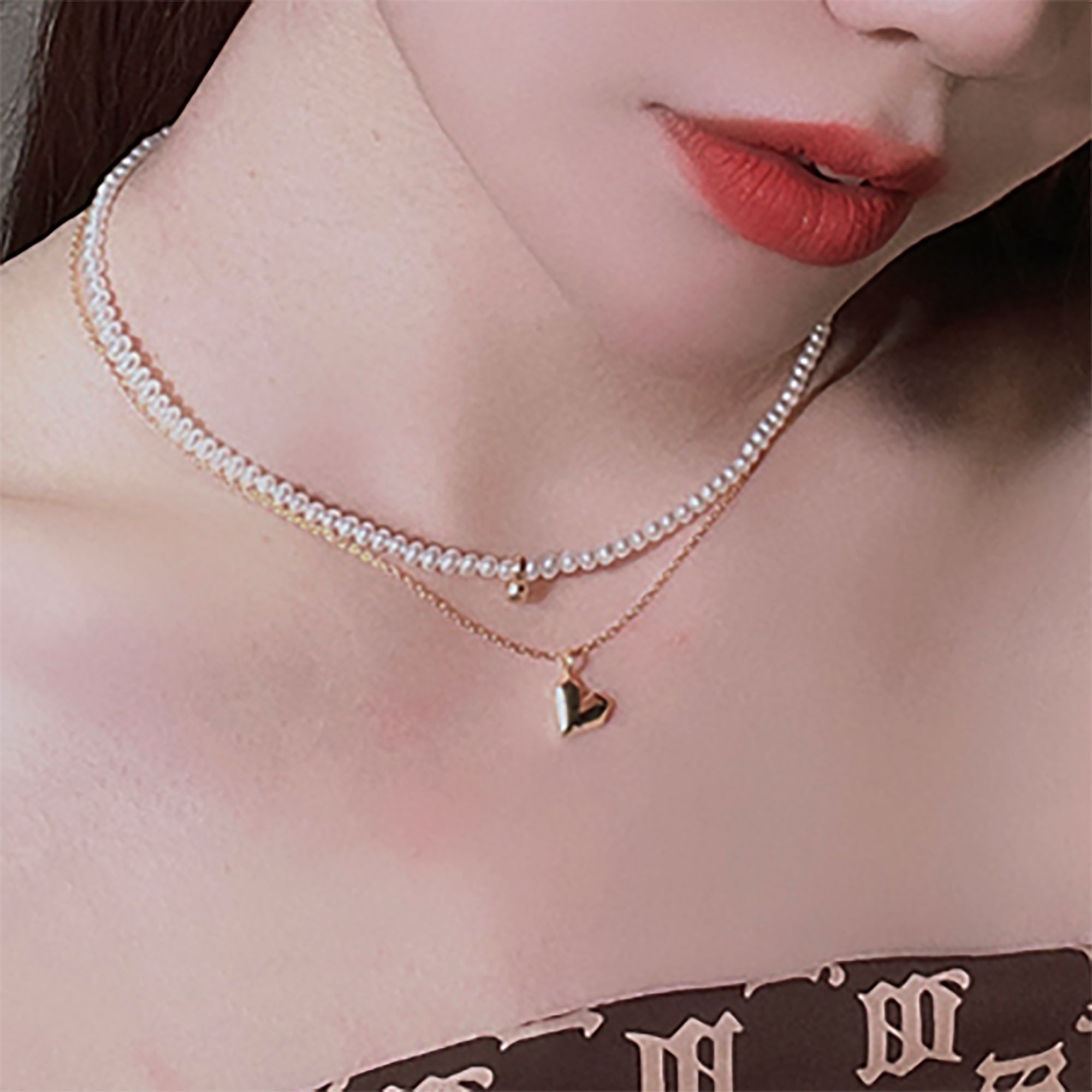 18K Gold Plated w/ Pearl Heart Pendant Layered Necklace Valentine Day Gift birthday party anniversary