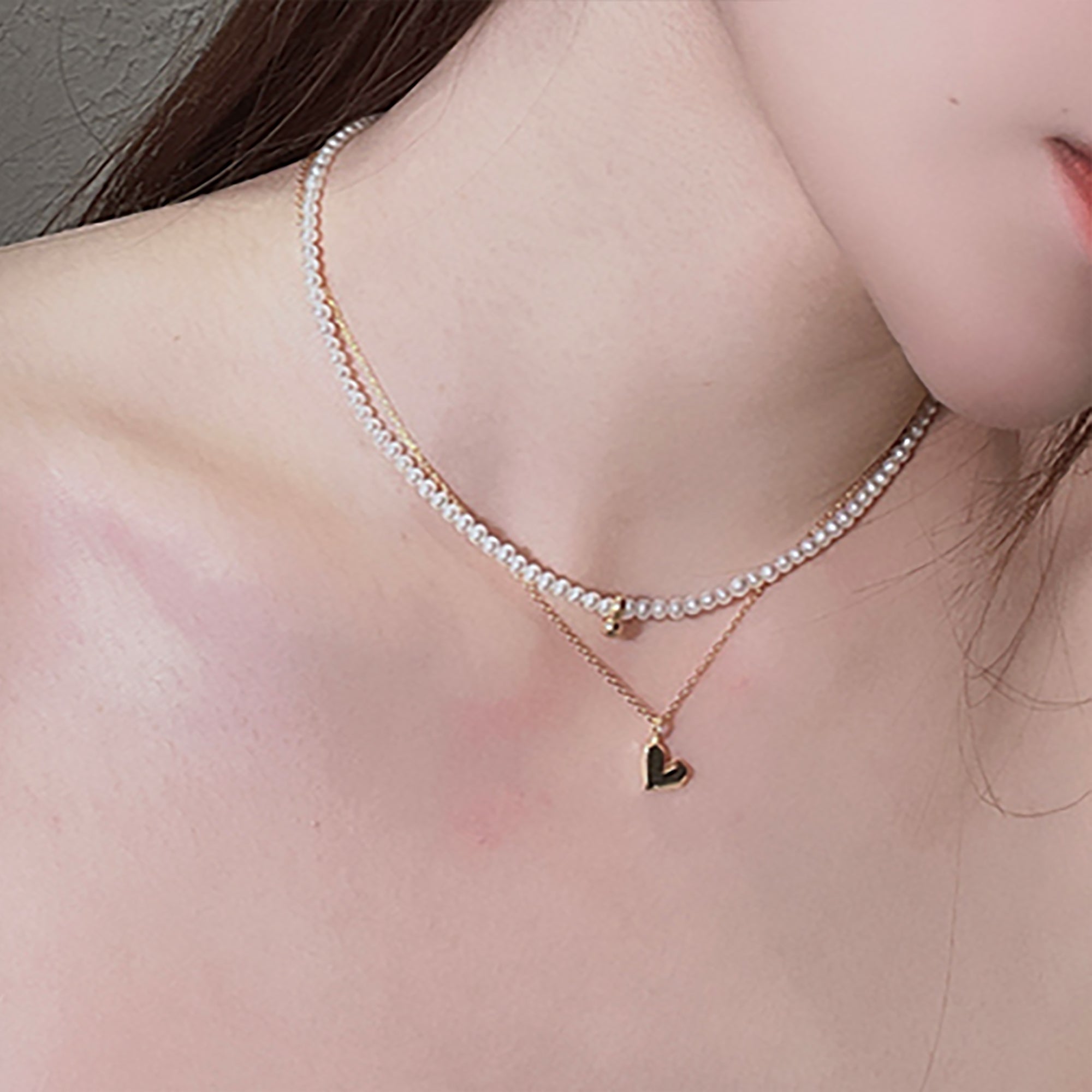 18K Gold Plated w/ Pearl Heart Pendant Layered Necklace Valentine Day Gift birthday party anniversary