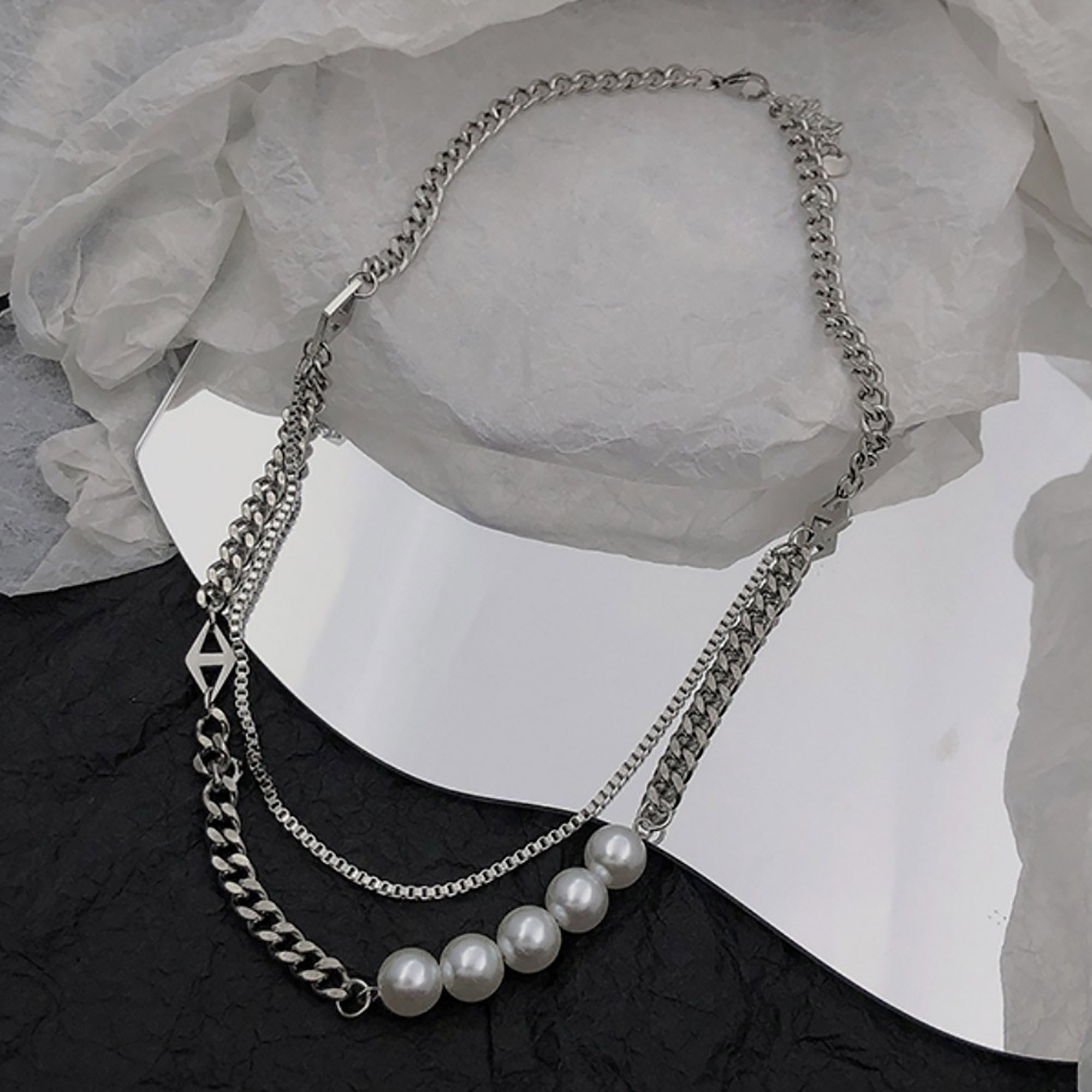 Stainless Steel w/ Pearl 46+6cm Layered Necklace Valentine Day Gift KOL / Youtuber / Celebrity / Fashion Icon styling