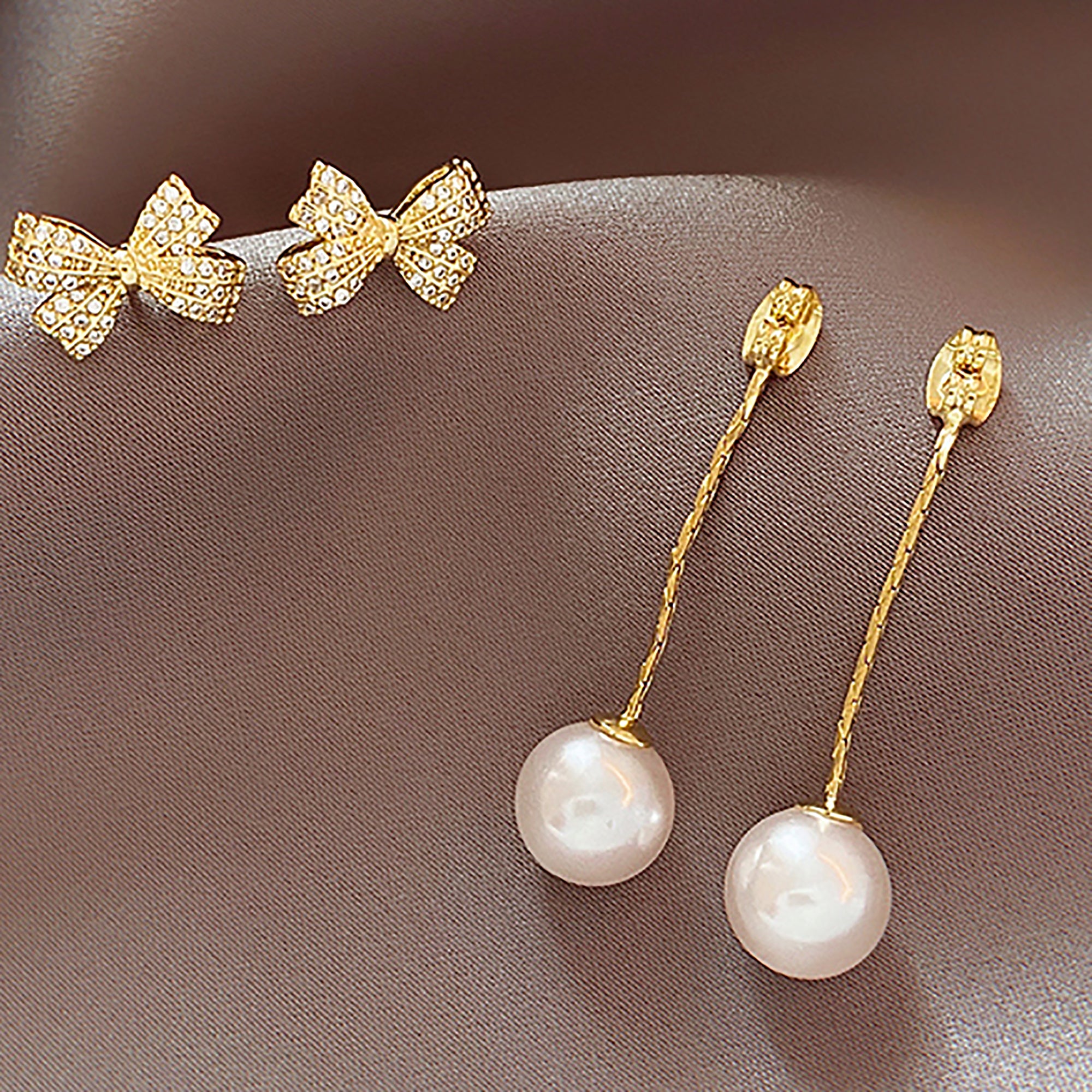 Gold Plated Pearl Dangle w/ CZ Bow Earrings