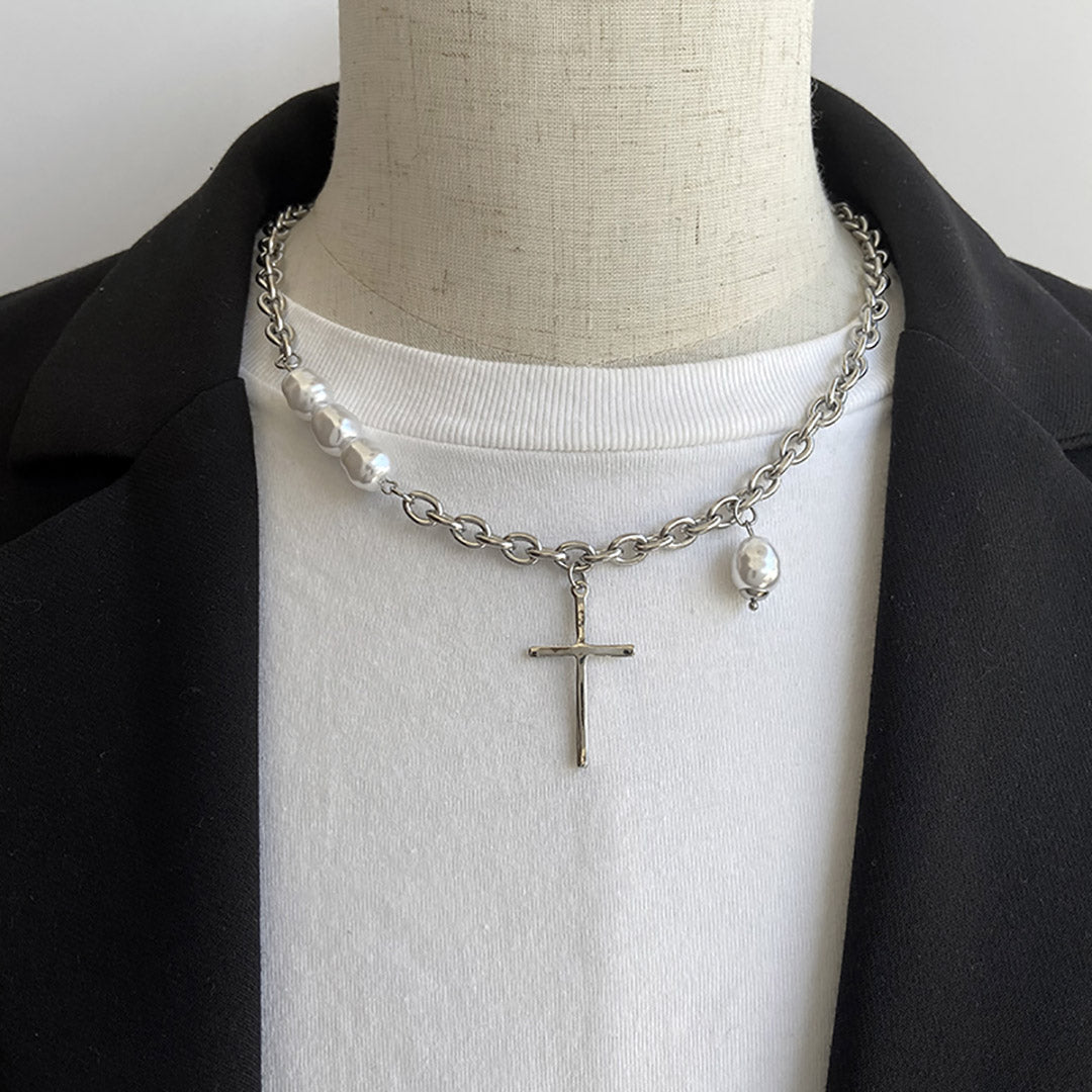 Stainless Steel 40cm w/ Cross Pearl Necklace