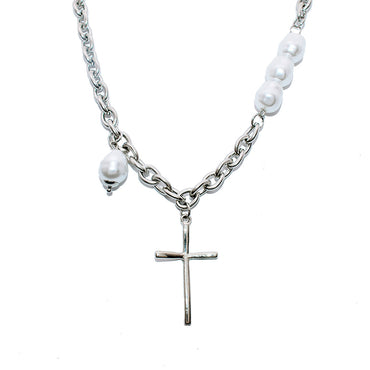 Stainless Steel 40cm w/ Cross Pearl Necklace