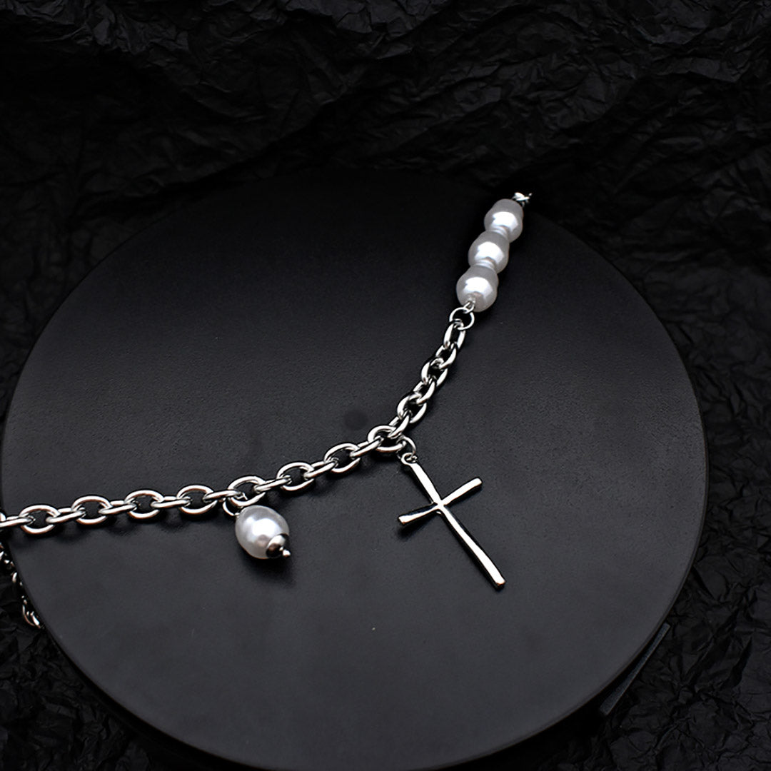 Stainless Steel 40cm w/ Cross Pearl Necklace