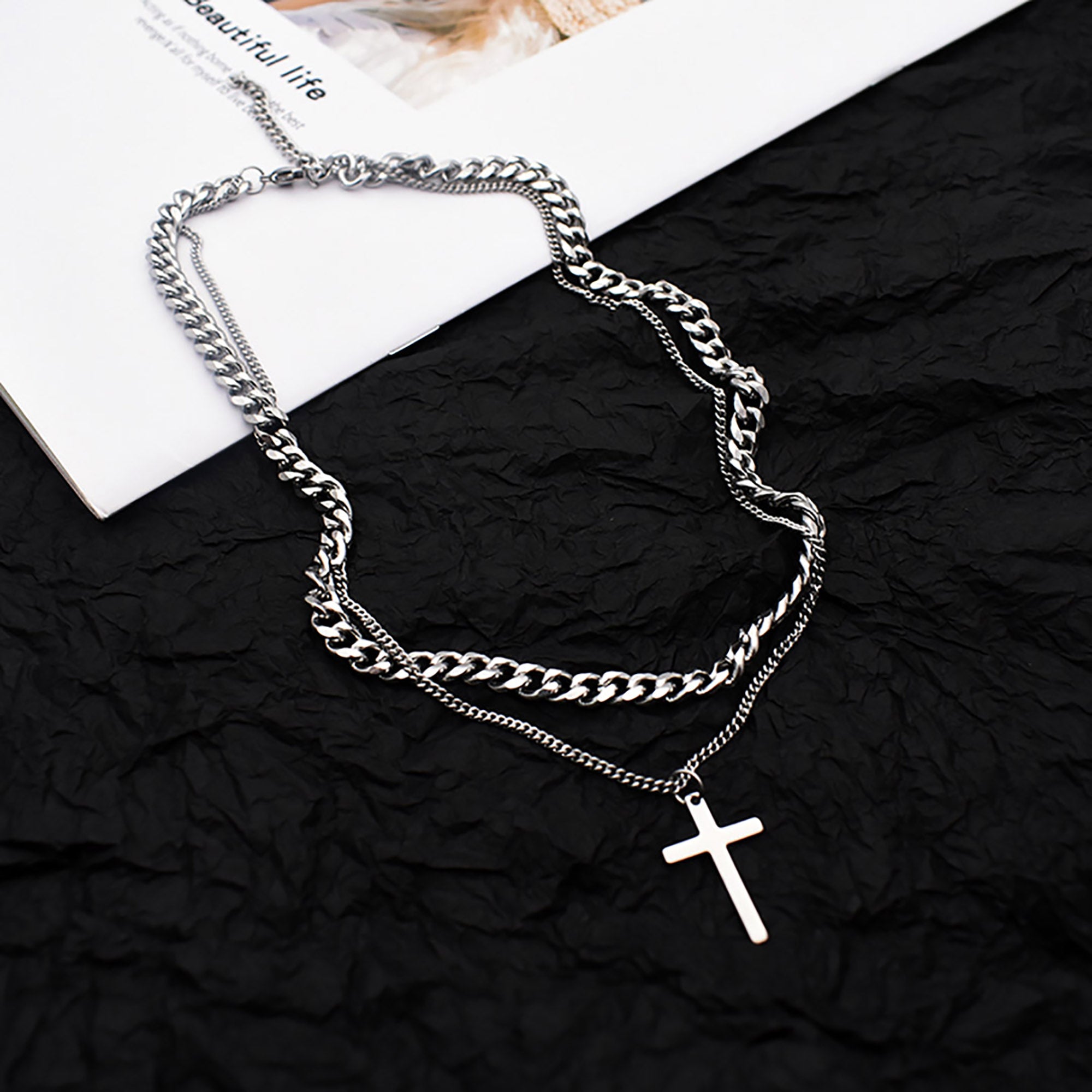 Stainless Steel 42cm Cross Pendant Layered Necklace Valentine Day Gift KOL / Youtuber / Celebrity / Fashion Icon styling