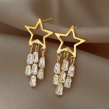 18K Gold Plated Star w/ CZ Tassel Earrings Valentine Day Gift Valentine Day Gift birthday party anniversary