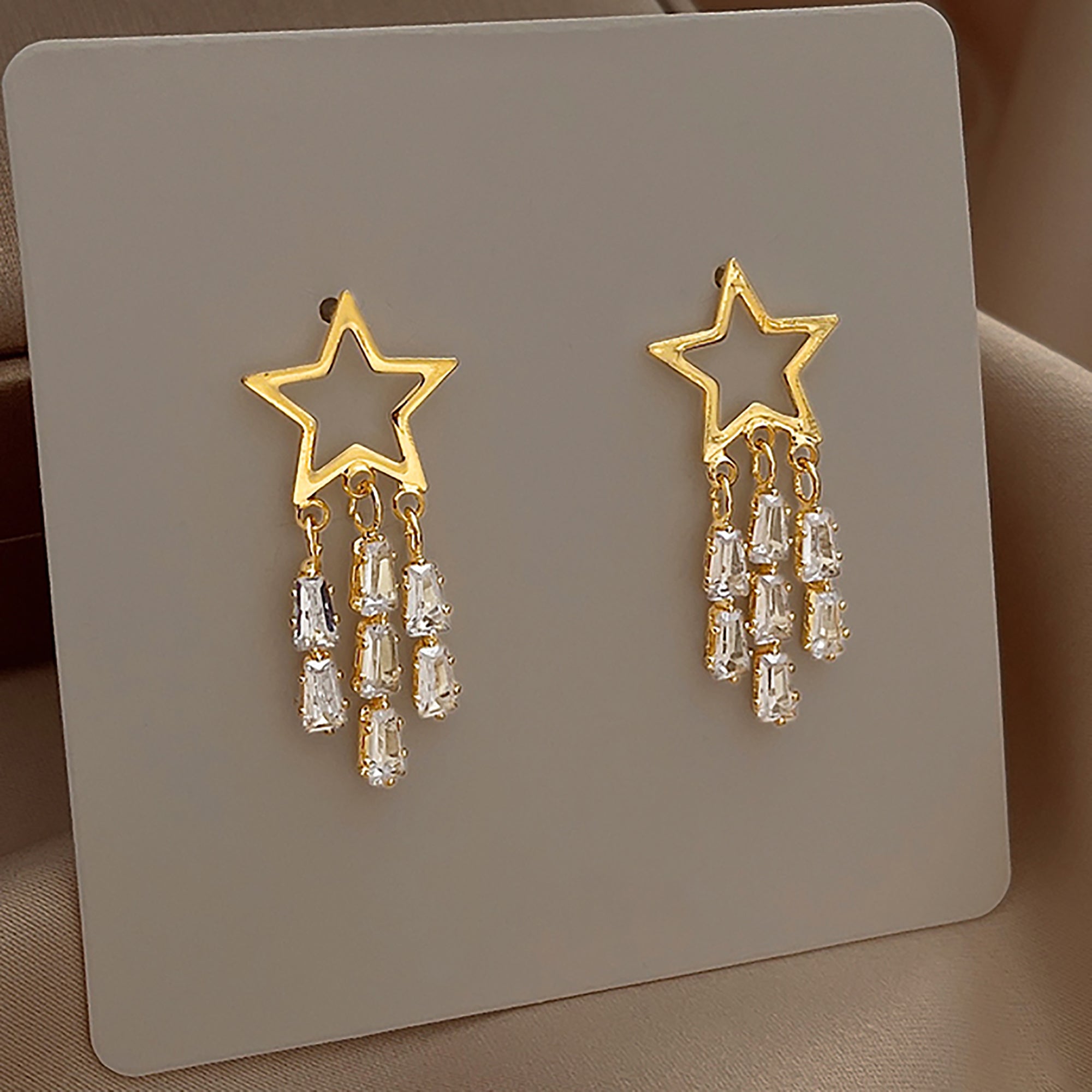 18K Gold Plated Star w/ CZ Tassel Earrings Valentine Day Gift Valentine Day Gift birthday party anniversary