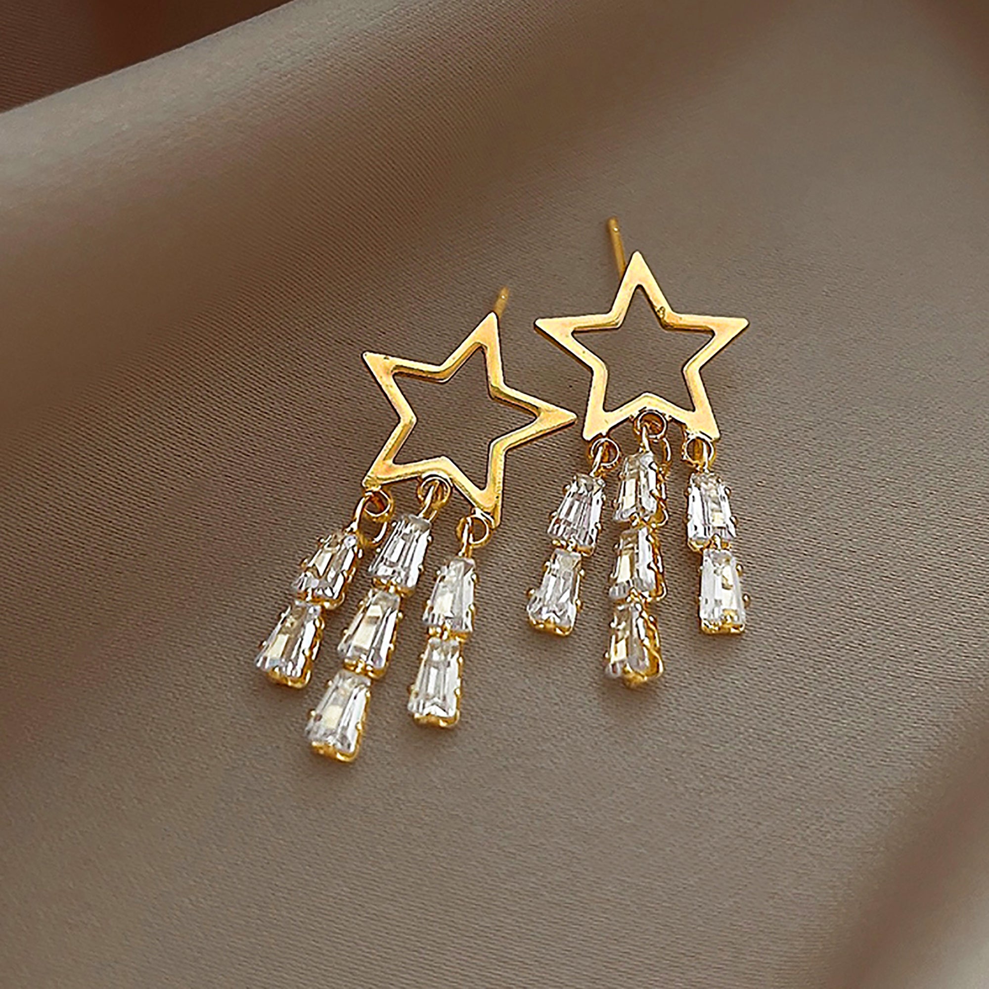 18K Gold Plated Star w/ CZ Tassel Earrings Valentine Day Gift Valentine Day Gift birthday party anniversary