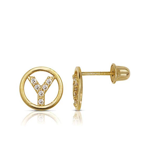 14K Gold Circle CZ Initial Sweirl Stud Earrings