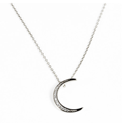 White Gold Dipped CZ Moon Pendant Necklace